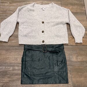 William Rast Cream Cardigan & Kendall & Kyle Vegan Green leather skirt